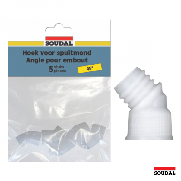 A picture of a Soudal 45° angled nozzle adapter pack containing 5 pieces, designed to fit cartridge tips for easier application in hard-to-reach areas.