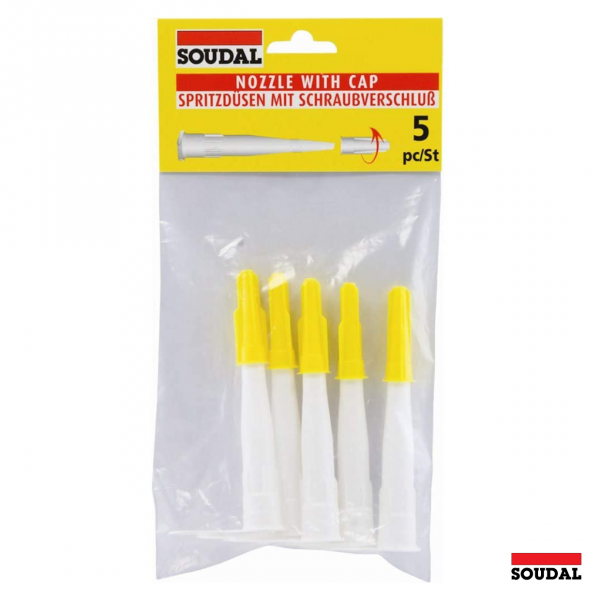 A picture of a Soudal pack containing 5 white nozzles with yellow screw caps, labeled "Nozzle With Cap," designed for resealing adhesive cartridges after use