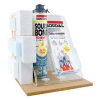 This is a Soudabond Easy countertop display showcasing a can of the adhesive mounted between construction blocks. It also features brochure holders with promotional leaflets for in-store use.