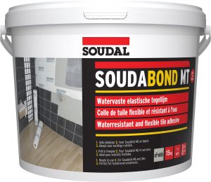 This is Soudal Soudabond MT, a water-resistant and flexible tile adhesive. It's suitable for humid environments and ideal for wall and floor tile installations.