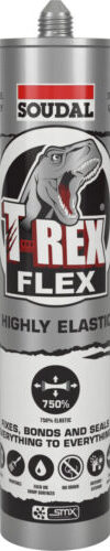 A picture of Soudal T-Rex Flex adhesive in a cartridge featuring a grey design with an showing 750% elasticity.
