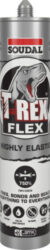 A picture of Soudal T-Rex Flex adhesive in a cartridge featuring a grey design with an showing 750% elasticity.