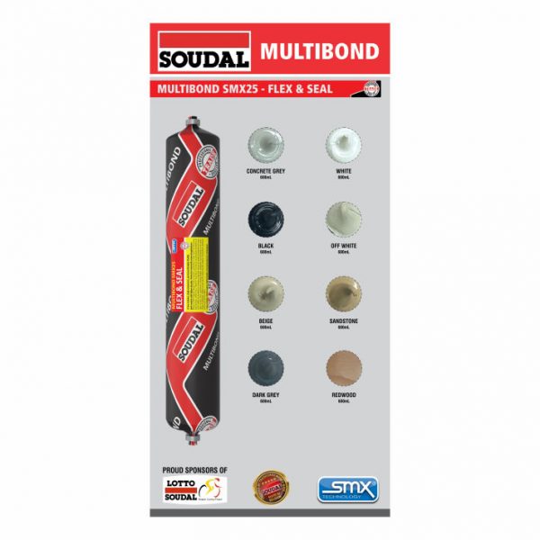 This image displays a Soudal Multibond SMX25 – Flex & Seal product chart: The main product shown is in 600mL sausage packaging. It highlights 8 available colours: Concrete Grey White Black Off White Beige Sandstone Dark Grey Redwood Positioned as a flexible and sealing solution using SMX Polymer Technology. Bottom logos show brand endorsements, certification, and technology highlights.