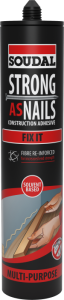 This is Soudal Strong As Nails Fix It, a solvent-based construction adhesive designed for multi-purpose use. It is fibre reinforced for extra strength and durability, suitable for bonding a wide range of materials in demanding construction and repair tasks.