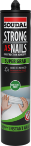 This is Soudal Strong As Nails Super Grab, a powerful construction adhesive designed for high-strength bonding. It offers instant grab with a holding capacity of 140 kg/m², is fibre reinforced for added strength and durability, and is solvent-free, making it suitable for indoor use. Ideal for bonding heavy materials without the need for clamps or supports
