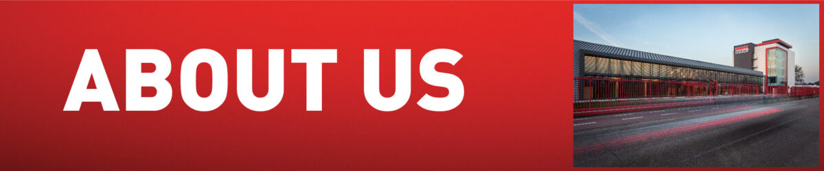 about us banner, says words about us on red background wiht an image of the Soudal HQ building on the right side