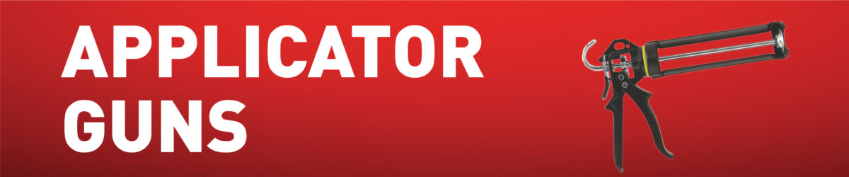 Soudal applicator guns banner featuring professional caulking and sealant application tool on red background