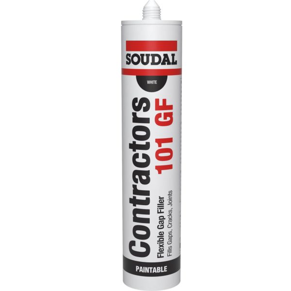 This is a cartridge of Soudal Contractors 101 GF, a flexible gap filler designed for sealing gaps, cracks, and joints. It is paintable, making it ideal for both preparation and finishing in construction and renovation projects.