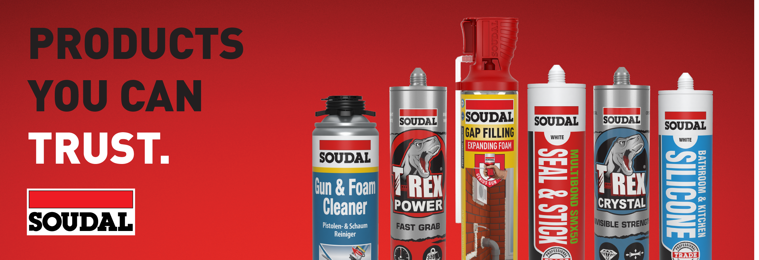 a group picture of Soudal gun and foam cleaner, T-rex power fast grab, Gap filling expanding foam, white colored multibond seal and stick, T-rex Crystal and bathroom and kitchen white colored silicone