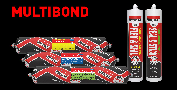 Soudal Multibond Range featuring Flex & Seal, Seal & Stick, and Seal & Stretch products in sausage foil and cartridge packaging. Image highlights durable, high-performance construction adhesives and sealants with bold “MULTIBOND” text.