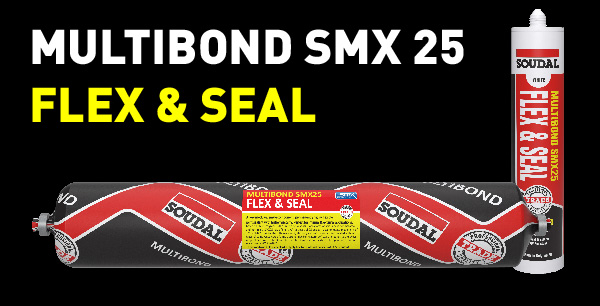 Soudal Multibond SMX 25 Flex & Seal – hybrid polymer adhesive and sealant shown in sausage and cartridge packaging, ideal for flexible bonding and sealing.