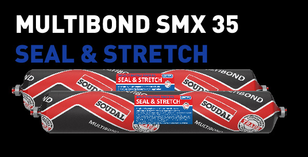 Soudal Multibond SMX35 Seal & Stretch products in sausage foil Image highlights durable, high-performance construction adhesives and sealants with bold “MULTIBOND SMX35 SEAL & STRETCH” text.