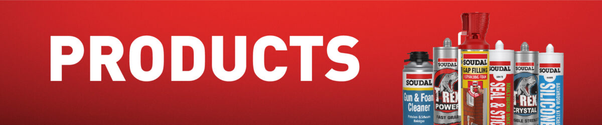 Word "products" on red background, includes a small range of Soudal products grouped together