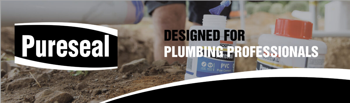 This banner highlights Soudal's Pureseal product as “Designed for Plumbing Professionals.” The left features a bold Pureseal logo, while the background shows a hands-on plumbing scene with PVC pipe cement being applied, reinforcing the product’s practical use and trade-grade quality