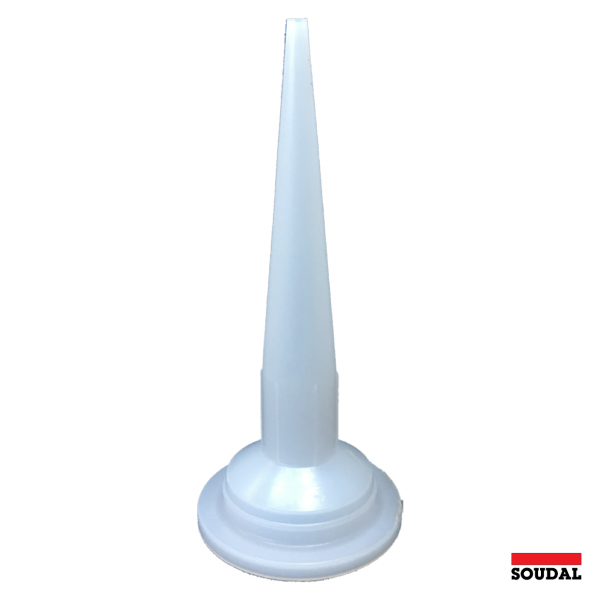 A picture of a wide-base plastic nozzle tip, typically used for larger adhesive or sealant cartridges to allow stable attachment and controlled flow during application.