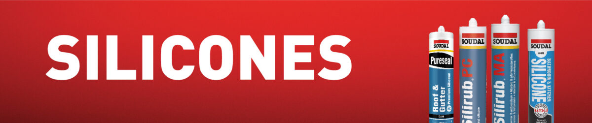 Soudal Silicones product range banner with various silicone sealant tubes displayed on a red background.