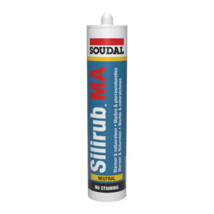 This is a cartridge of Soudal Silirub MA, a neutral-cure silicone sealant specifically formulated for marble and natural stone. It is labeled as: NEUTRAL: meaning it won’t react chemically with sensitive substrates NO STAINING: safe for porous materials like marble Ideal for applications where aesthetic finish and substrate protection are critical.