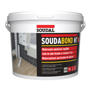 White plastic bucket labeled “Soudabond MT” waterresistant and flexible tile adhesive, with image of tiles on a bathroom wall.