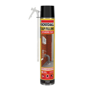 Soudal straw-applied gap filling expanding foam for sealing, insulating, and filling, triple expansion formula.