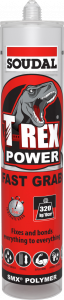 A picture of a Soudal T-Rex Power Fast Grab adhesive cartridge with a red label, highlighting 1-second grab time, 320 kg/10cm² strength, and SMX® Polymer for strong, instant bonding