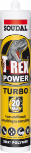 A picture of a Soudal T-Rex Power Turbo adhesive cartridge with a yellow label, featuring a 20-minute rapid cure icon and SMX® Polymer for fast, strong bonding.
