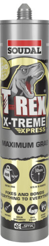 A picture of Soudal T-Rex X-Treme Express cartridge. The product features bold yellow and black graphics, highlights 400kg/m² maximum grab, sets in 30 minutes, and promotes instant strength for extreme bonding.
