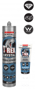 A picture of two Soudal T-Rex Crystal adhesive products—one cartridge and one tube—with icons showing clarity, indoor/outdoor use, and suitability for wet surfaces.