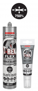 A picture of two Soudal T-Rex Flex adhesive products—one cartridge and one tube—featuring a grey design with an icon showing 750% elasticity.