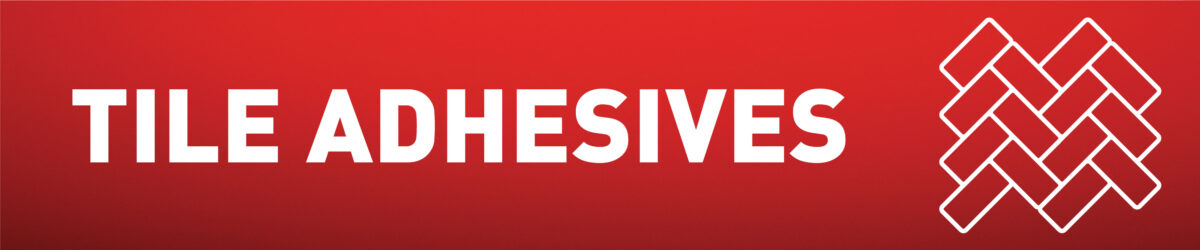 Red background with white bold text “Tile Adhesives” and a white tile pattern icon.