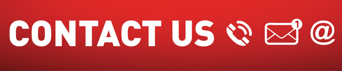 red background with white text that says "contact us" with communication symbols