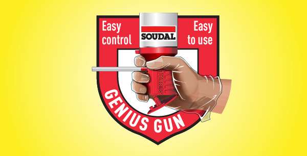Illustration of a hand holding a Soudal Genius Gun canister with a built-in applicator, highlighting “Easy control” and “Easy to use” features on a red and yellow shield background.