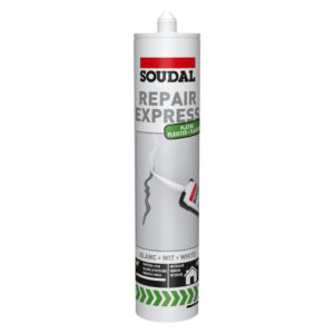 Tube of Soudal Repair Express Plaster – white fast-drying interior filler for cracks and holes in plaster and walls, providing a smooth finish.