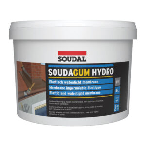 White 5 kg pail of Soudal Soudagum Hydro elastic and watertight membrane for waterproofing roofs and walls.