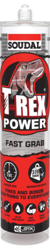 Clear version of T-Rex Power Fast Grab. Same 15 sec grab and 320kg/m² strength, now with transparent cartridge for discreet applications. Red and black label with T-Rex branding.