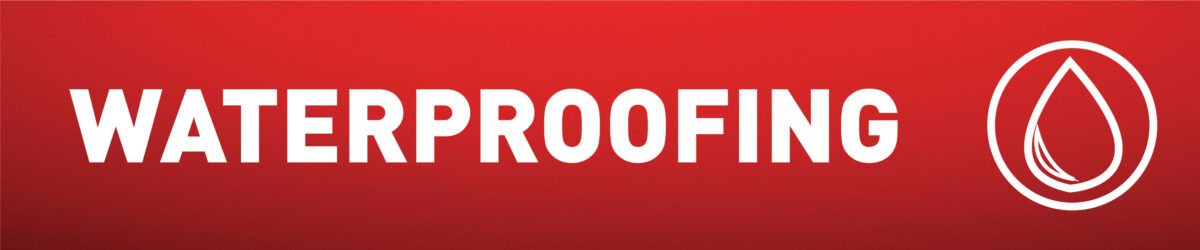 Red banner with the word “WATERPROOFING” in bold white letters and a white droplet icon on the right.